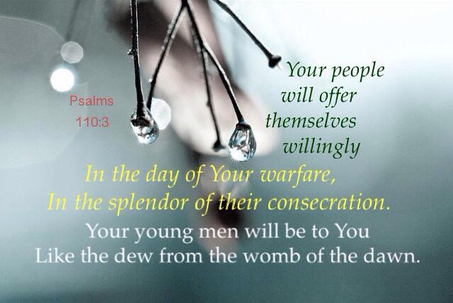 Psalms 110:3 Your people will offer themselves willingly In the day of Your warfare, In the splendor of their consecration. Your young men will be to You Like the dew from the womb of the dawn.